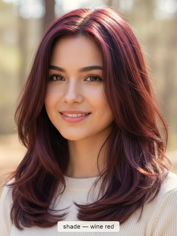 Smiling woman with glossy burgundy-red layers curving inward around her shoulders, with a small label beneath identifying the shade as Wine Red.
