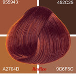 Radico Wine Red hair swatch in a deep red shade with copper-red highlights, laid over four tan and brown colour blocks labelled with codes, with the shade name beneath.