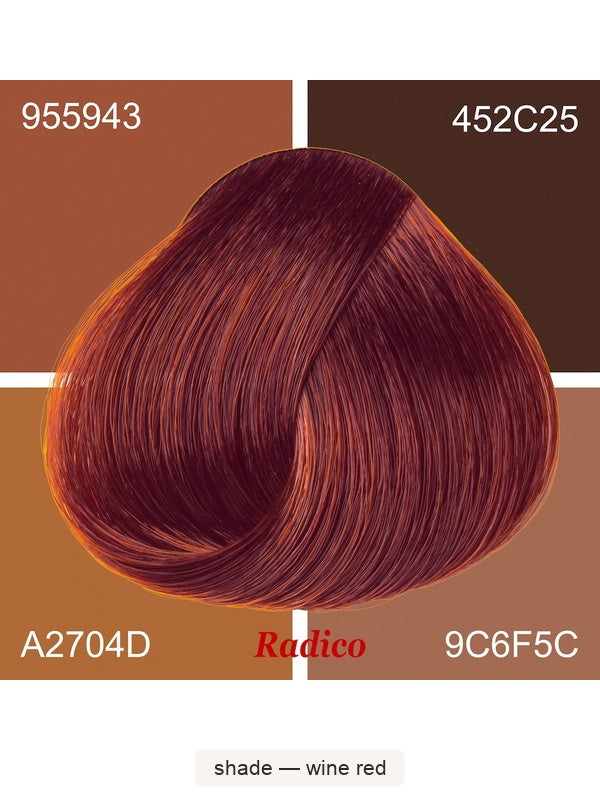 Radico Wine Red hair swatch in a deep red shade with copper-red highlights, laid over four tan and brown colour blocks labelled with codes, with the shade name beneath.