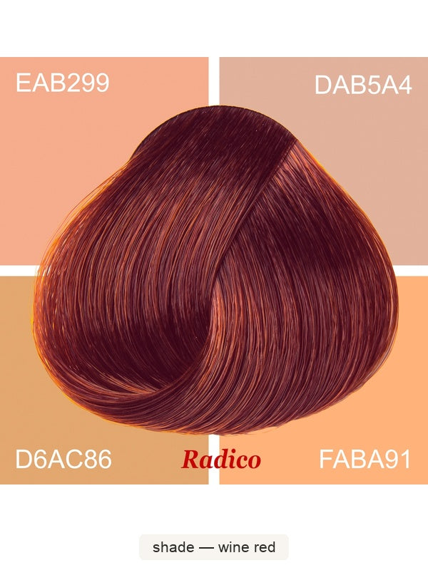 Radico Wine Red hair swatch in a deep red shade with copper-red highlights, laid over four peach, beige and tan colour blocks labelled with codes, with the shade name beneath.