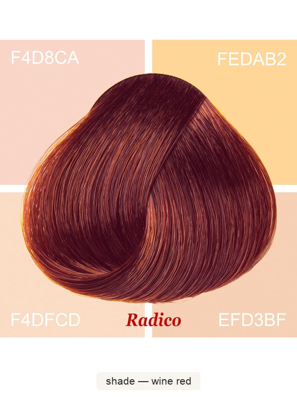 Radico Wine Red hair swatch in a deep red shade with copper-red highlights, laid over four pale peach and cream colour blocks labelled with codes, with the shade name beneath.