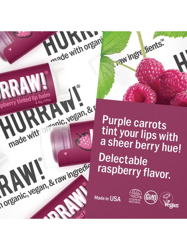 Product and flavour details for Hurraw! Organic Lip Balm - Raspberry 4.8g
