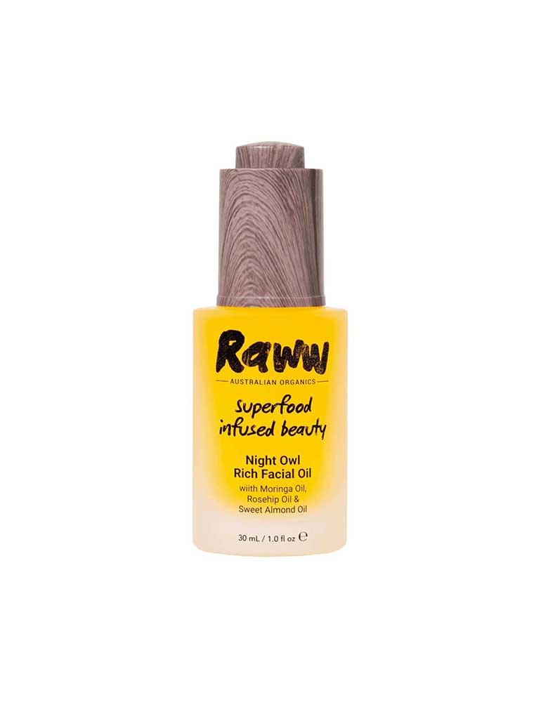 Raww Night Oil Rich Facial Oil in a sleek bottle, infused with superfoods for glowing skin.