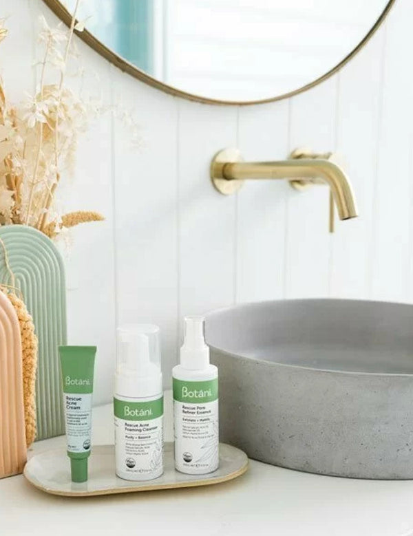 Botani Rescue Acne Trio Pack — acne trio in bathroom setting