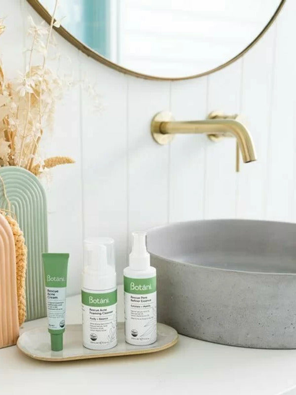 Botani Rescue Acne Trio Pack — acne trio in bathroom setting