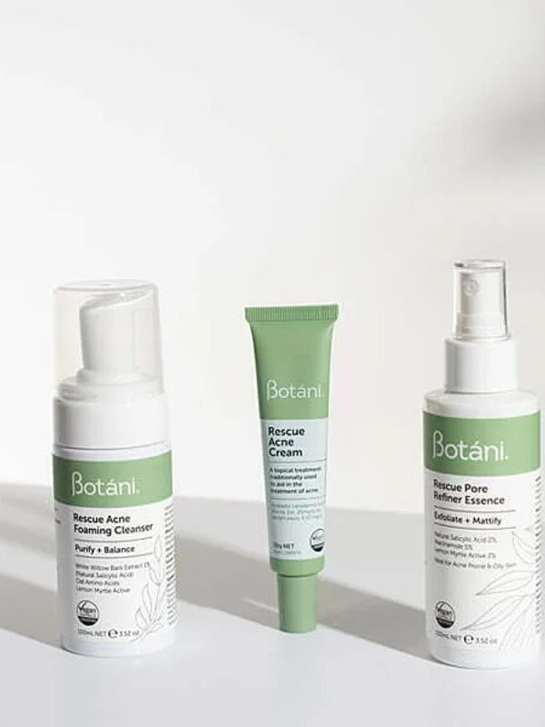 Botani Rescue Acne Trio Pack — acne trio on bathroom shelf