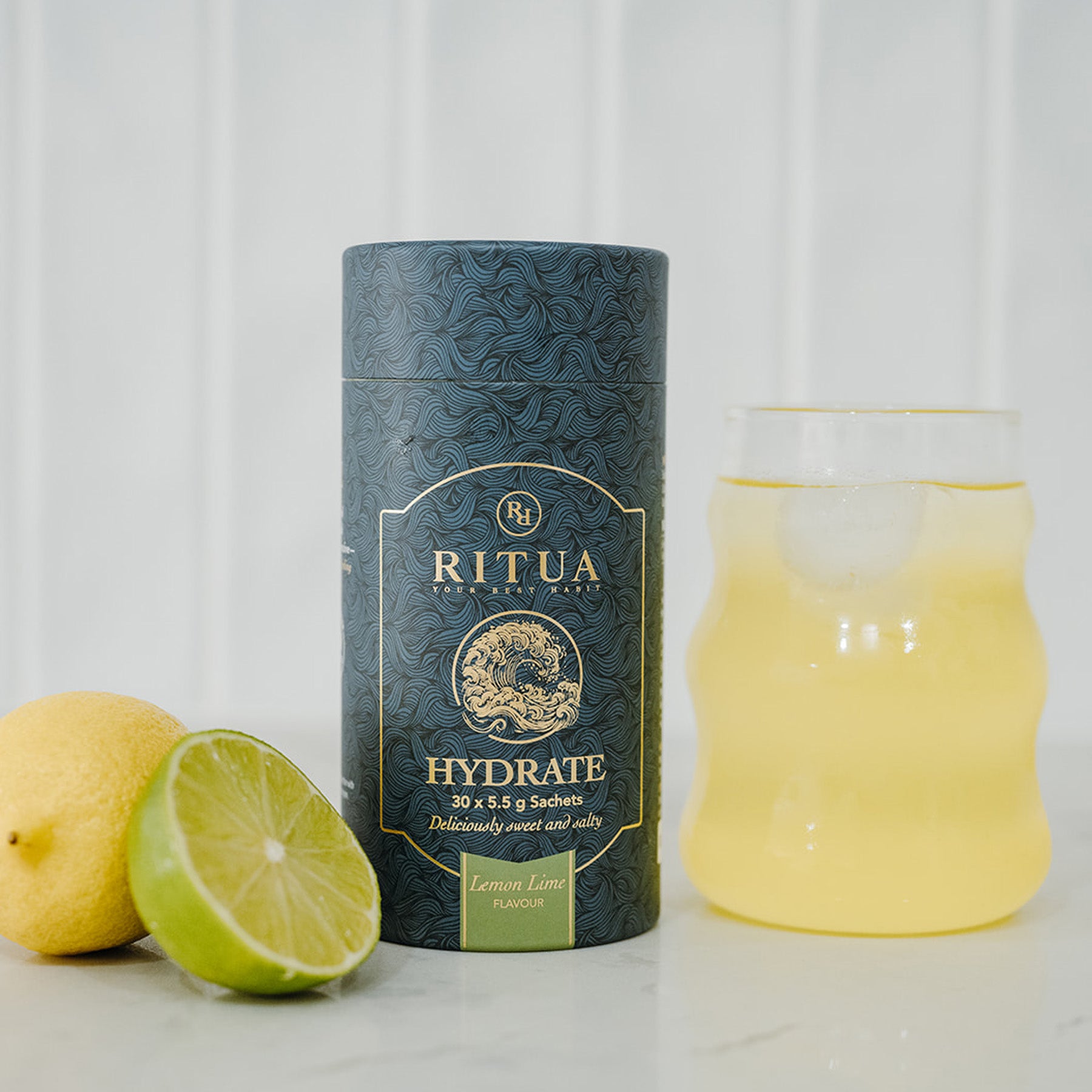 Ritua Hydrate Lemon Lime with citrus and prepared drink
