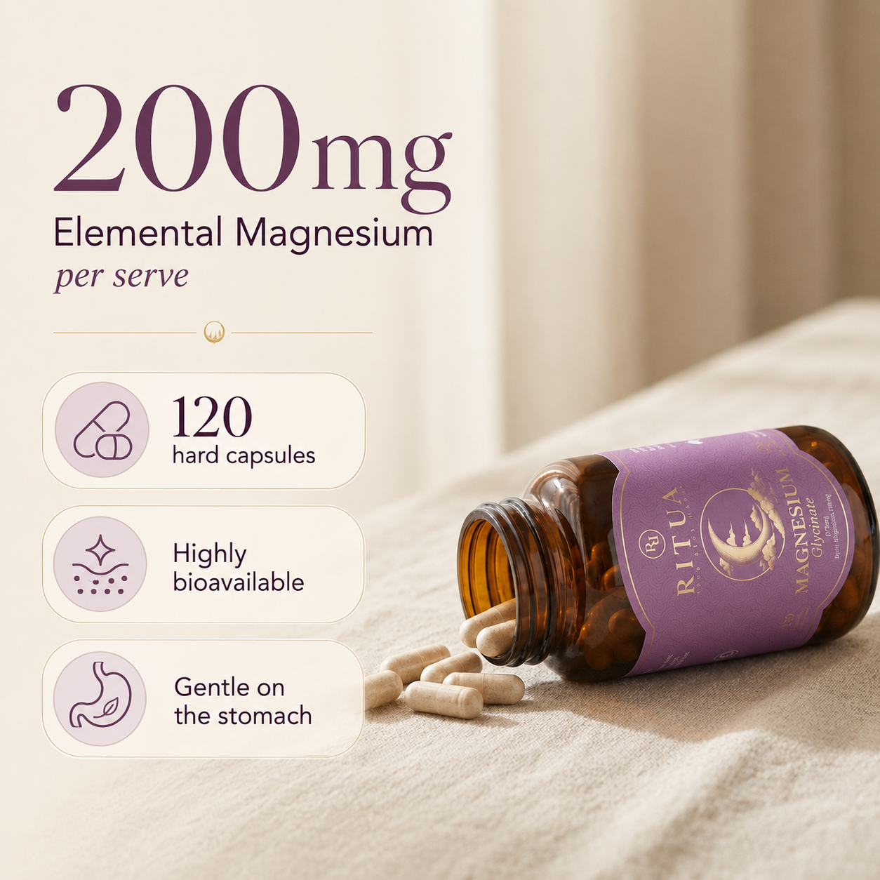 Ritua Magnesium Glycinate capsules in a bedroom lifestyle setting