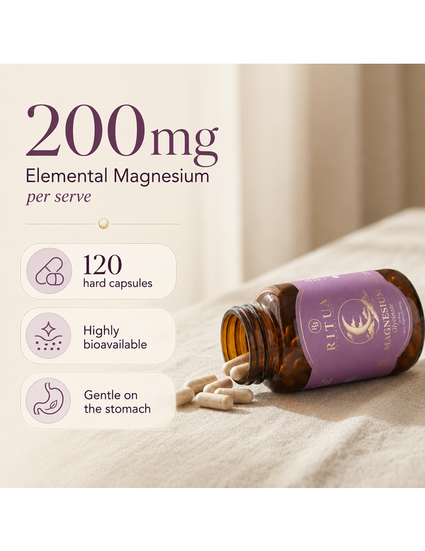 Ritua Magnesium Glycinate capsules in a bedroom lifestyle setting