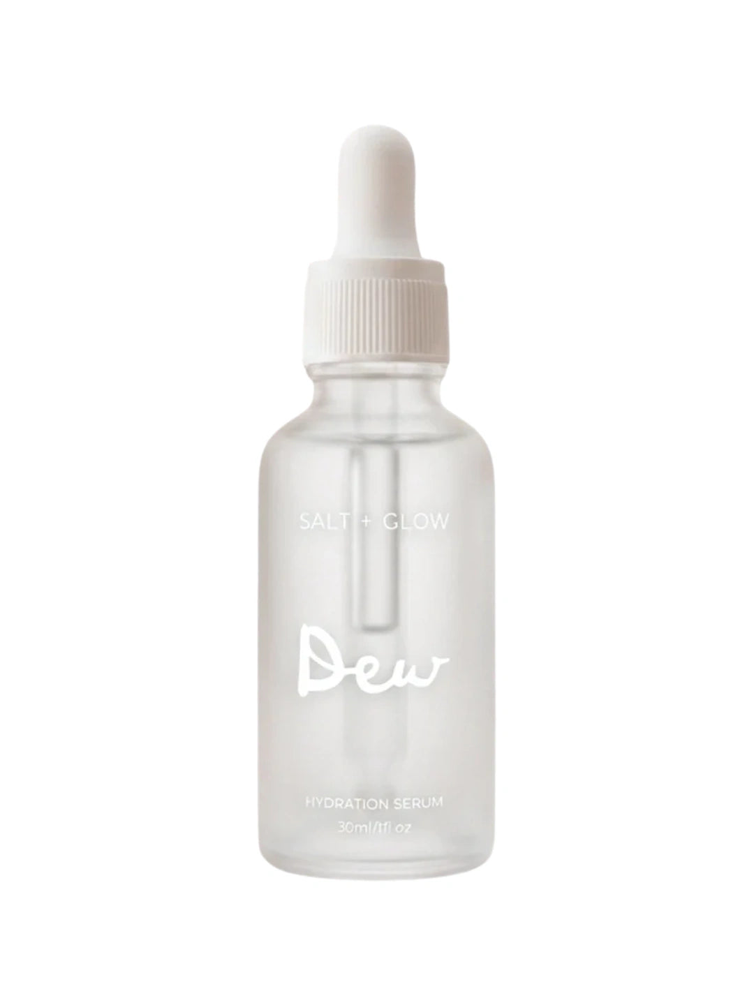 Frosted cylindrical Salt + Glow Dew serum bottle with a white dropper cap and the word Dew printed in large white script across the front.
