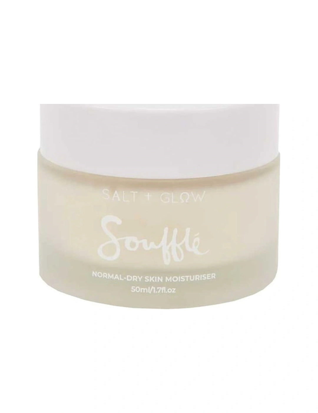 Low, wide frosted Salt + Glow Skin Soufflé moisturiser jar filled with pale cream, with a broad white screw lid and the Soufflé name printed in white script.