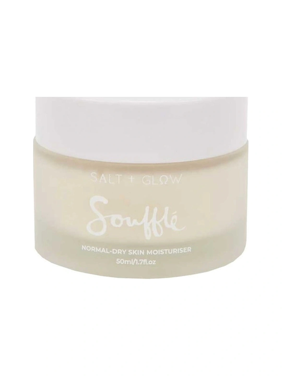 Low, wide frosted Salt + Glow Skin Soufflé moisturiser jar filled with pale cream, with a broad white screw lid and the Soufflé name printed in white script.