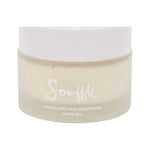 Low, wide frosted Salt + Glow Skin Soufflé moisturiser jar filled with pale cream, with a broad white screw lid and the Soufflé name printed in white script.
