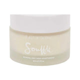 Low, wide frosted Salt + Glow Skin Soufflé moisturiser jar filled with pale cream, with a broad white screw lid and the Soufflé name printed in white script.