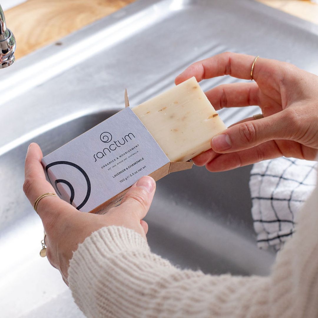 Sanctum Lavender and Chamomile Soap unboxed by a sink