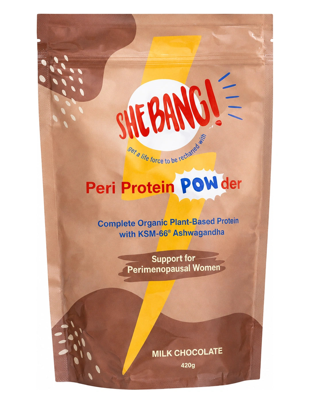 Brown and beige resealable She BANG! Milk Chocolate Peri Protein POWder pouch with a large yellow lightning bolt, scattered cream dots and bold red and blue lettering.