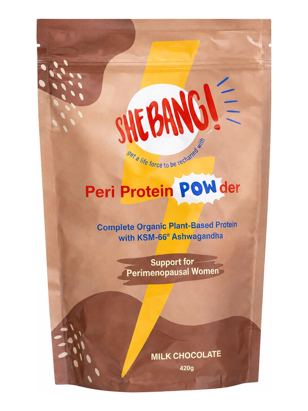 Brown and beige resealable She BANG! Milk Chocolate Peri Protein POWder pouch with a large yellow lightning bolt, scattered cream dots and bold red and blue lettering.