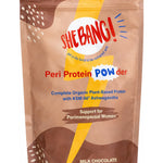 Brown and beige resealable She BANG! Milk Chocolate Peri Protein POWder pouch with a large yellow lightning bolt, scattered cream dots and bold red and blue lettering.