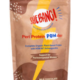 Brown and beige resealable She BANG! Milk Chocolate Peri Protein POWder pouch with a large yellow lightning bolt, scattered cream dots and bold red and blue lettering.