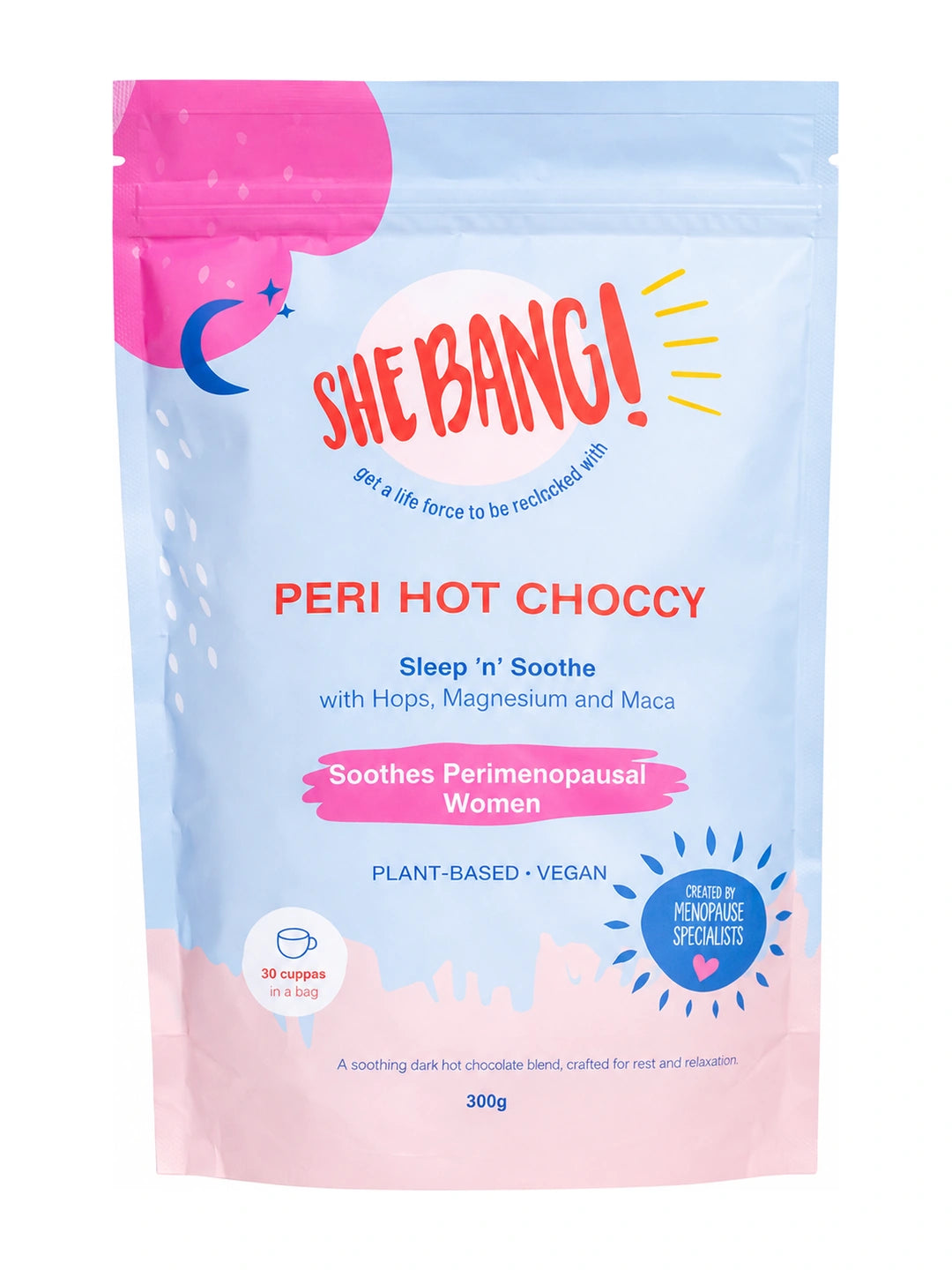 Pale blue and pink resealable She BANG! Peri Hot Choccy pouch with a bright pink patch at the top, a blue crescent moon, scattered white marks and bold red lettering.
