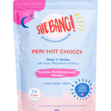 Pale blue and pink resealable She BANG! Peri Hot Choccy pouch with a bright pink patch at the top, a blue crescent moon, scattered white marks and bold red lettering.