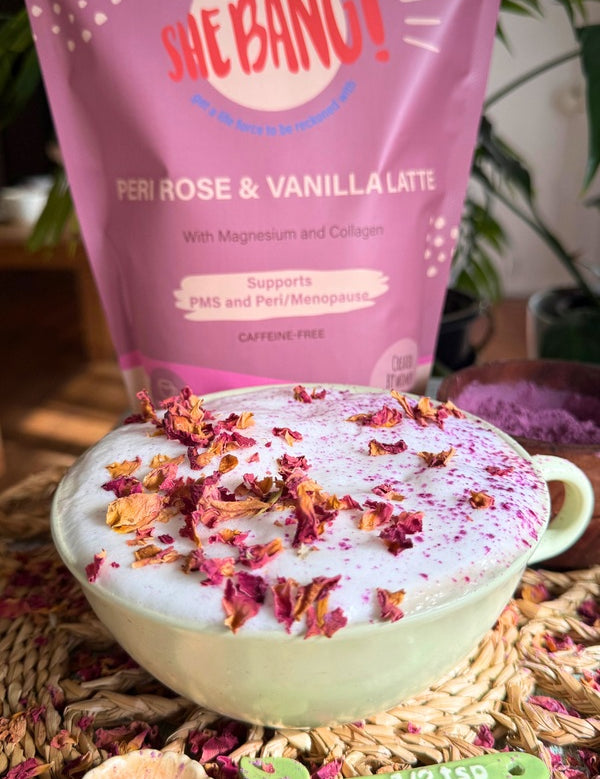 She BANG! Peri Rose & Vanilla Latte styled with a pink latte and rose petals