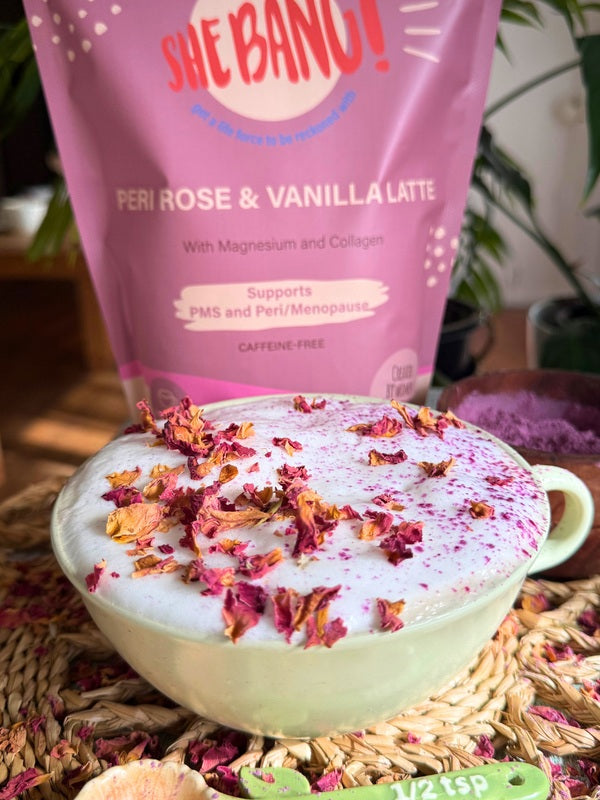 She BANG! Peri Rose & Vanilla Latte styled with a pink latte and rose petals