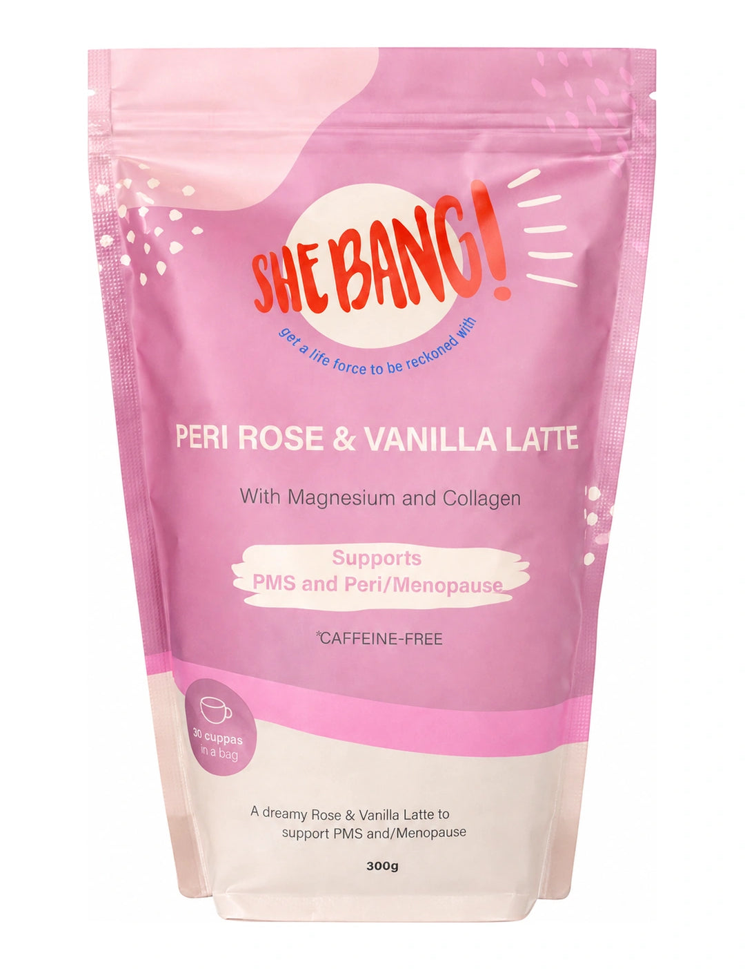 Pink resealable She BANG! Peri Rose & Vanilla Latte pouch with a pale cream base, curved pink bands, scattered white dots and a bold red She BANG! logo near the top.