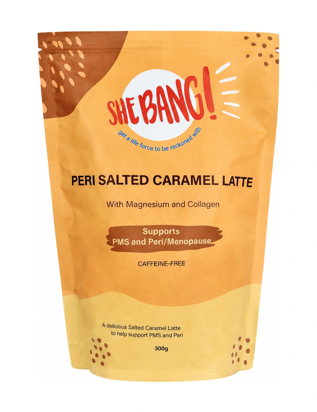 Golden-yellow resealable She BANG! Peri Salted Caramel Latte pouch with curved brown and pale gold patches, scattered dots and a bold red She BANG! logo near the top.