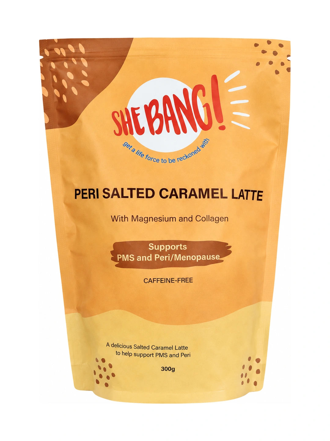 Golden-yellow resealable She BANG! Peri Salted Caramel Latte pouch with curved brown and pale gold patches, scattered dots and a bold red She BANG! logo near the top.