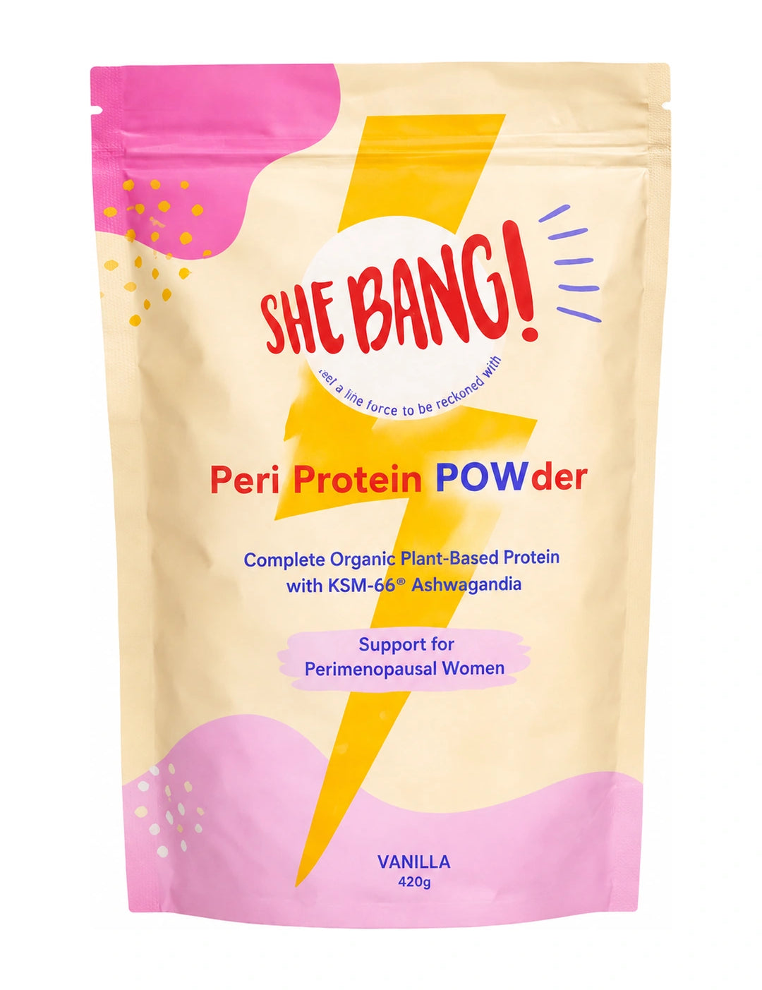 Cream and pink resealable She BANG! Vanilla Peri Protein POWder pouch with a large yellow lightning bolt, scattered yellow dots and bold red and blue lettering.
