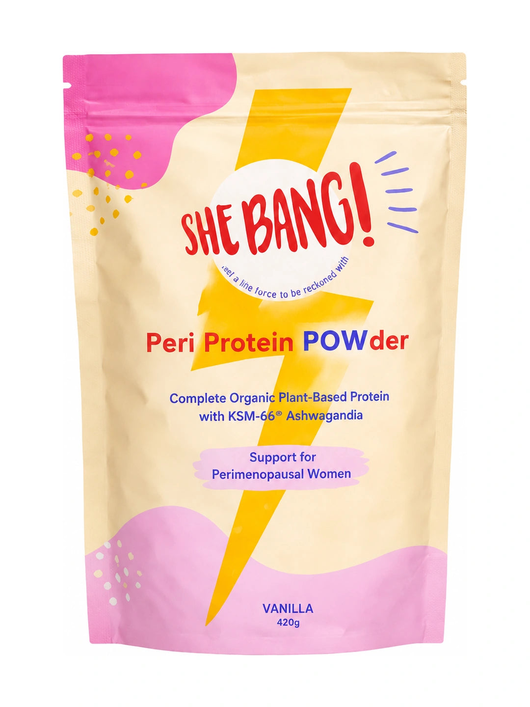 Cream and pink resealable She BANG! Vanilla Peri Protein POWder pouch with a large yellow lightning bolt, scattered yellow dots and bold red and blue lettering.