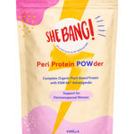 Cream and pink resealable She BANG! Vanilla Peri Protein POWder pouch with a large yellow lightning bolt, scattered yellow dots and bold red and blue lettering.