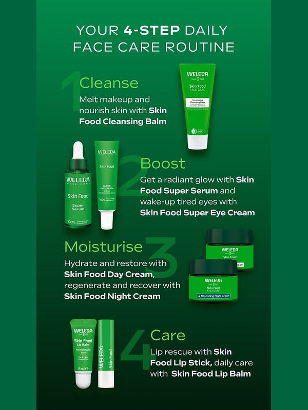 Weleda Skin Food four step daily face care routine featuring Super Serum