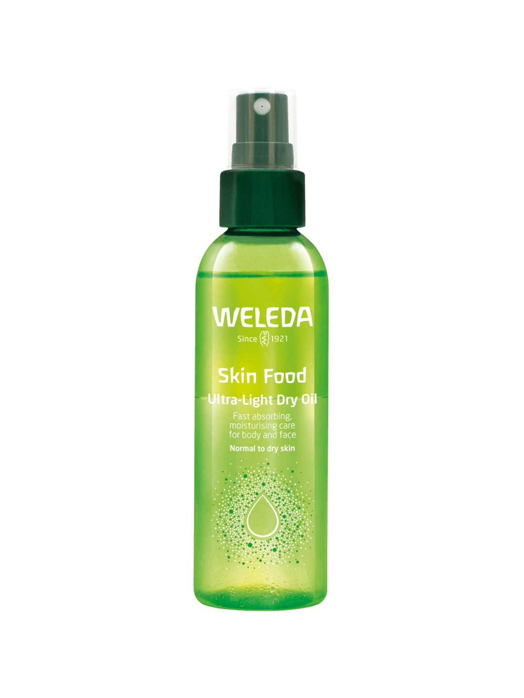A green 100ml spray bottle of Weleda Skin Food Ultra Light Dry Oil, a fast-absorbing natural moisturising spray for nourishing normal to dry skin, is shown against a white background.