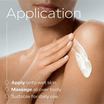 Woman applying Weleda Skin Food Body Lotion with application directions