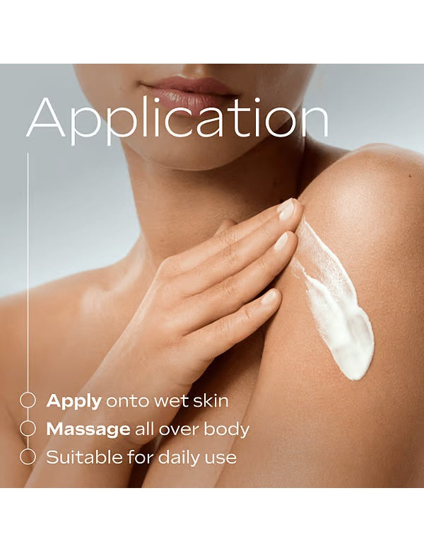 Woman applying Weleda Skin Food Body Lotion with application directions