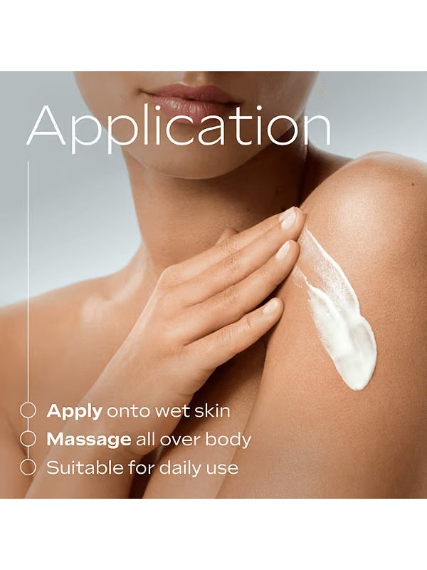 Woman applying Weleda Skin Food Body Lotion with application directions