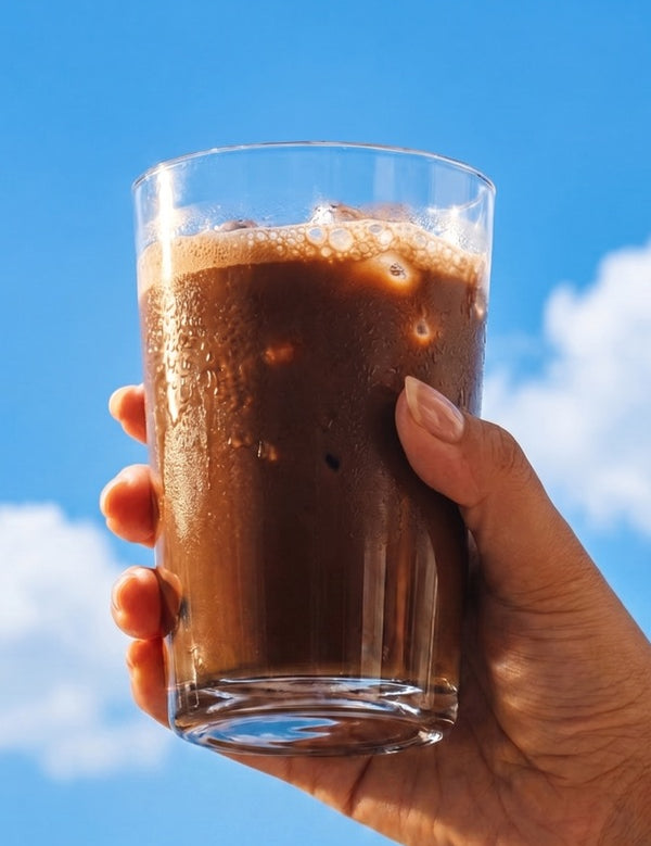 Sodii Everyday Hydration Salts Salty Chocolate iced chocolate held against a blue sky