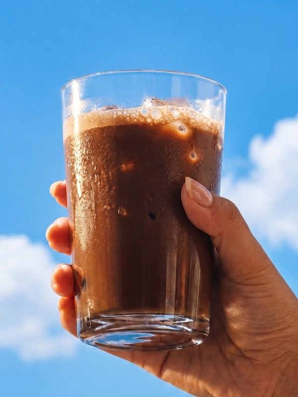 Sodii Everyday Hydration Salts Salty Chocolate iced chocolate held against a blue sky