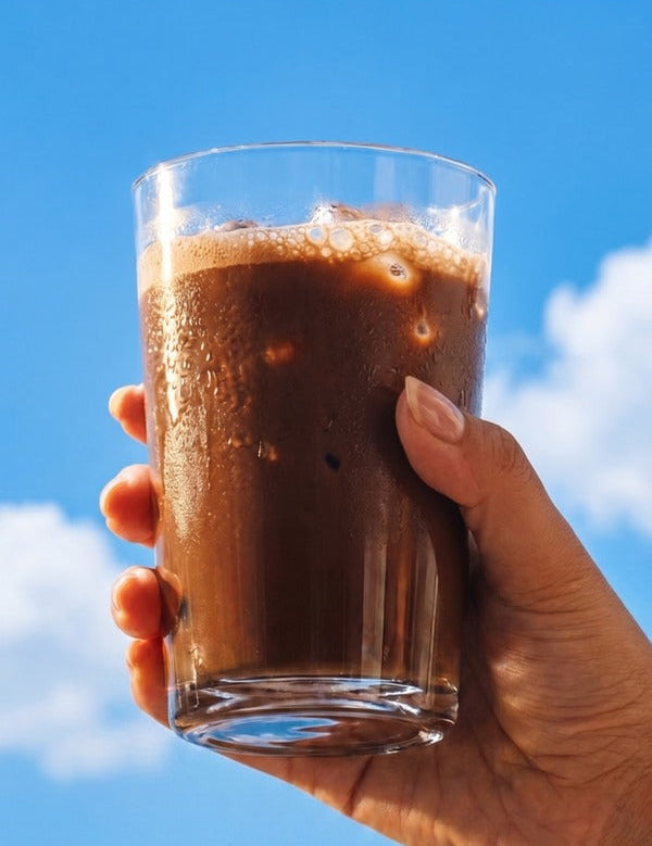 Hand holding a tall glass of dark Sodii Salty Chocolate drink with ice cubes and a foamy top against a bright blue sky.