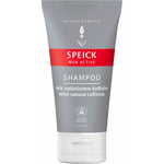 A grey and red tube of Speick Mens Active Shampoo, labeled vegan with natural caffeine. This shampoo has German and English text, a white flip-top cap, and is enriched with organic Argan Oil for nourishment.