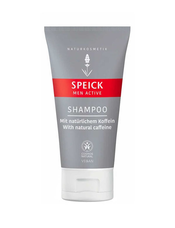 A grey and red tube of Speick Mens Active Shampoo, labeled vegan with natural caffeine. This shampoo has German and English text, a white flip-top cap, and is enriched with organic Argan Oil for nourishment.