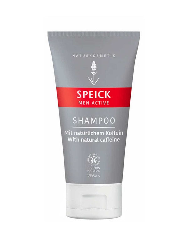 A grey and red tube of Speick Mens Active Shampoo, labeled vegan with natural caffeine. This shampoo has German and English text, a white flip-top cap, and is enriched with organic Argan Oil for nourishment.