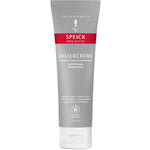 A 75ml tube of Speick Men Active Shaving Cream in grey and white with a red label, featuring German and English text, vegan and organic icons, and certified as natural cosmetics.