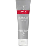 A 75ml tube of Speick Men Active Shaving Cream in grey and white with a red label, featuring German and English text, vegan and organic icons, and certified as natural cosmetics.