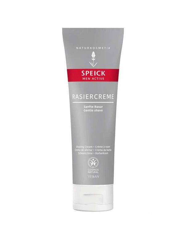 A 75ml tube of Speick Men Active Shaving Cream in grey and white with a red label, featuring German and English text, vegan and organic icons, and certified as natural cosmetics.