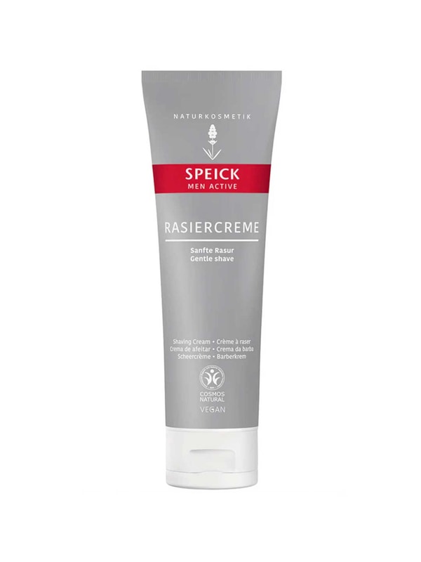 A 75ml tube of Speick Men Active Shaving Cream in grey and white with a red label, featuring German and English text, vegan and organic icons, and certified as natural cosmetics.