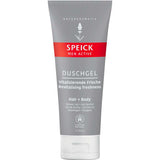 Speick Men Active Shower Gel 200ml is a vegan 2-in-1 hair and body wash with a plant-based formula, providing vitalising freshness. In a gray and red tube, it's labeled in English and German, and made in Germany.
