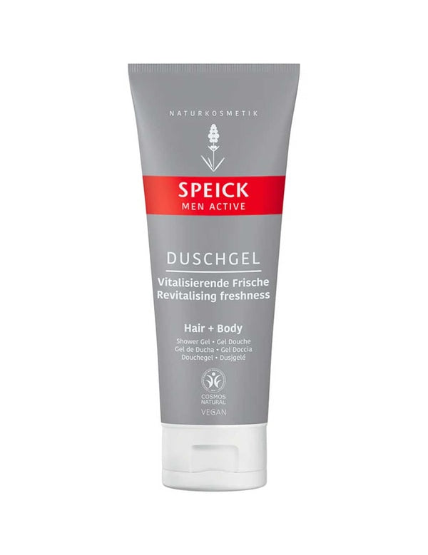 Speick Men Active Shower Gel 200ml is a vegan 2-in-1 hair and body wash with a plant-based formula, providing vitalising freshness. In a gray and red tube, it's labeled in English and German, and made in Germany.